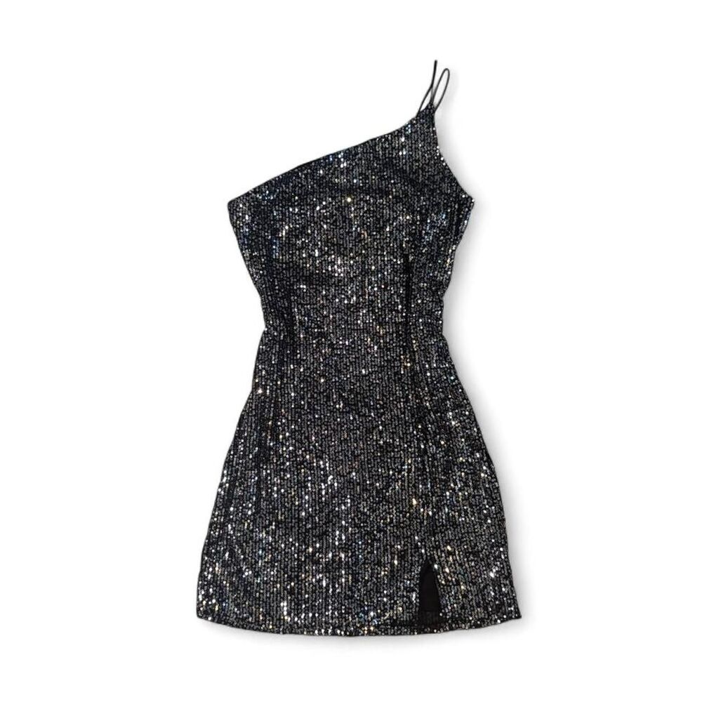 Women's Black and Silver Party One Shoulder Mini Dress sz M